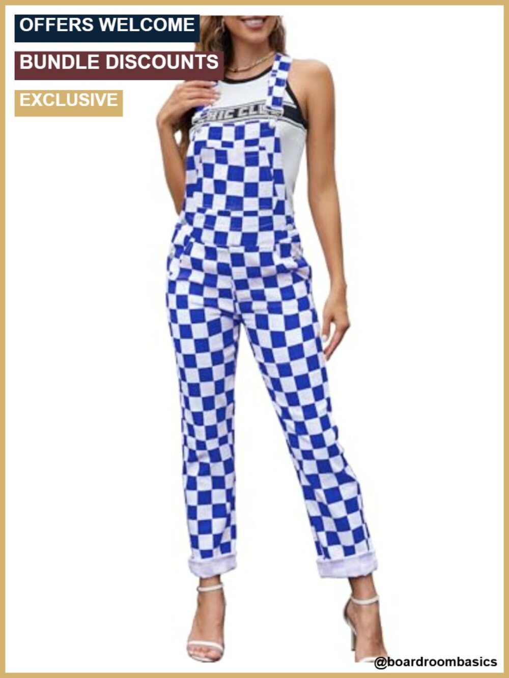Womens Checkered Denim Overalls Bib Stretch Jean Jumpsuit